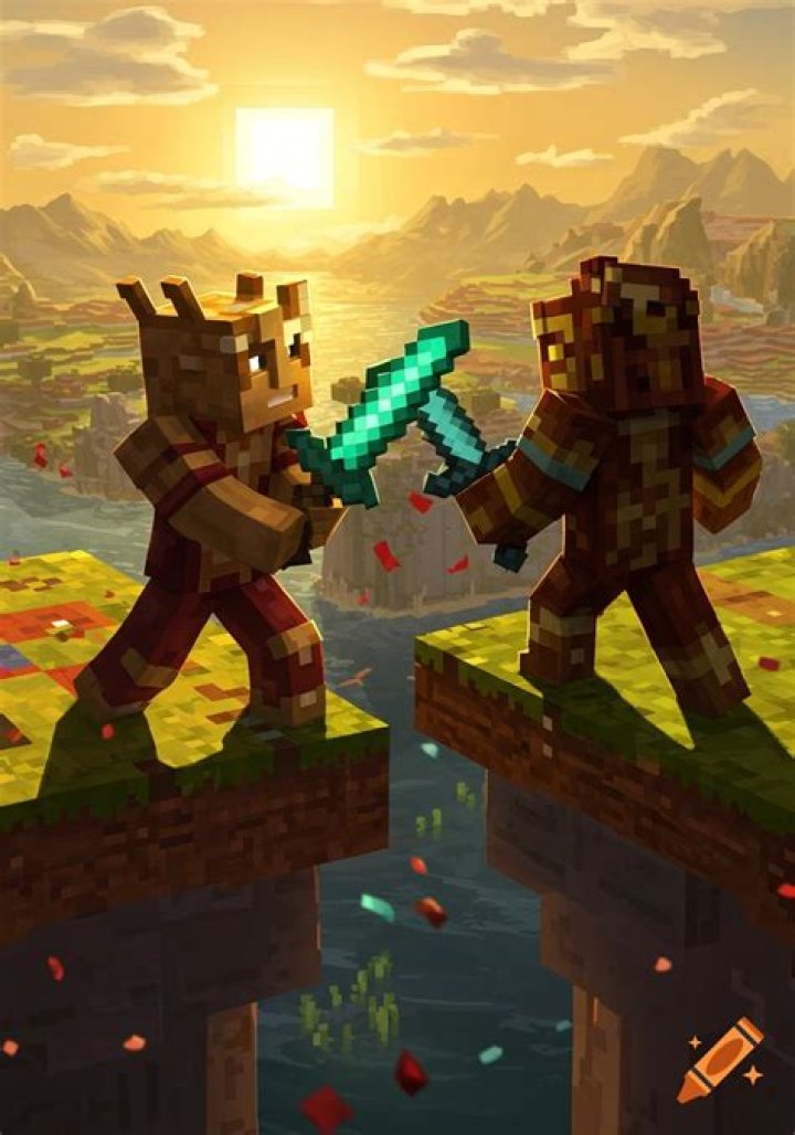 Artwork for Minecraft Legends featuring several characters and a background that's split into blue and red hues.