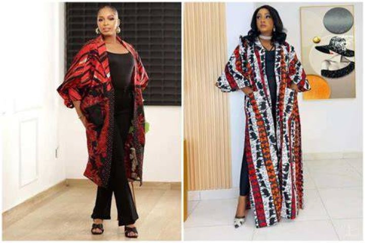 Two ladies showcasing different designs of damask kimono robes Two ladies showcasing different designs of damask kimono robes